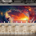 Neon Sunset Surfer Barrel Wave Mural Wallpaper — Electric Energy Mural Wallpaper - pure wallpaper artwork