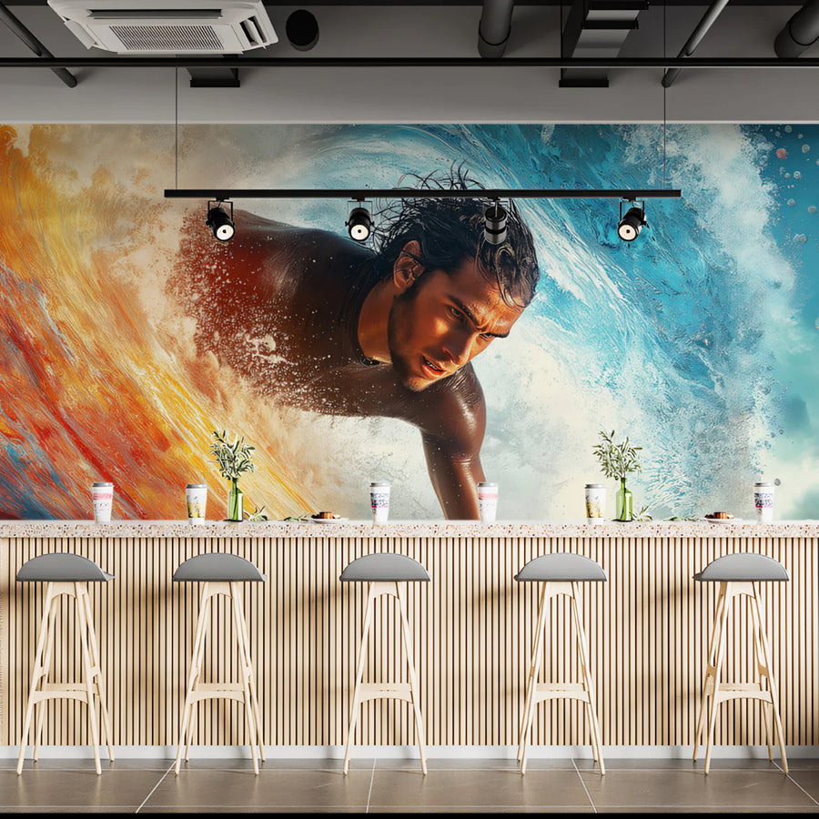 Surfer Barrel Wave Mural Wallpaper — Dynamic Coastal Action Scene Mural Wallpaper