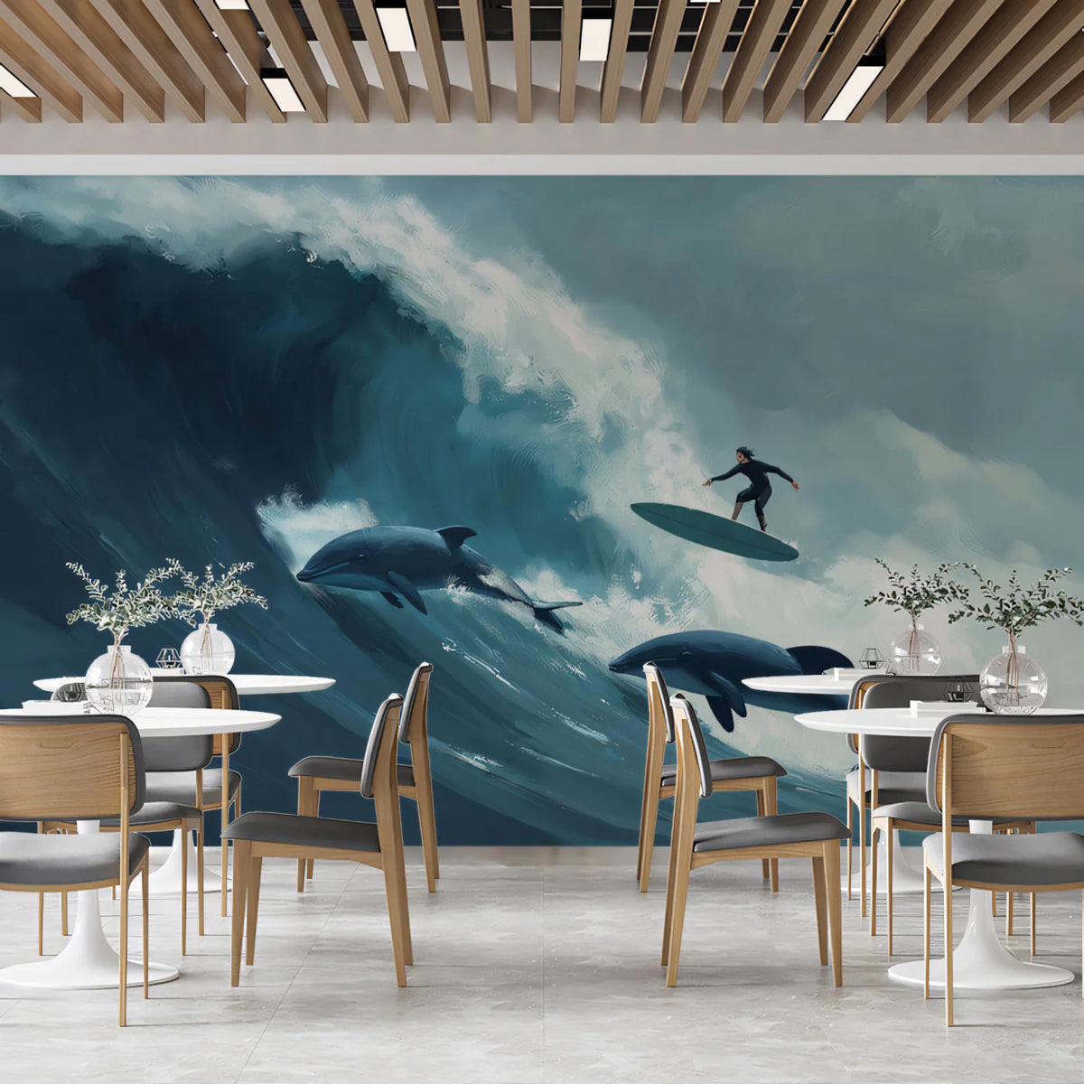 Surfer and Dolphin Ocean Wave Mural Wallpaper — Expressionist Art Mural Wallpaper - pure wallpaper artwork