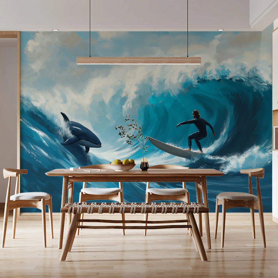 Surfer and Orca Ocean Wave Mural Wallpaper — Impressionist Style Mural Wallpaper