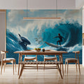 Surfer and Orca Ocean Wave Mural Wallpaper — Impressionist Style Mural Wallpaper - pure wallpaper artwork