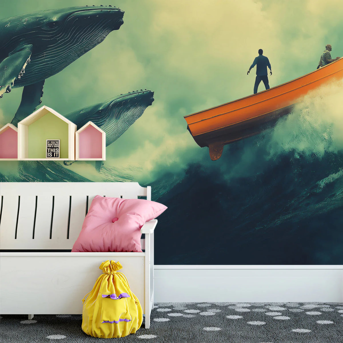Breaching Humpback Whales Mural Wallpaper — Moody Ocean Adventure Mural Wallpaper - pure wallpaper artwork