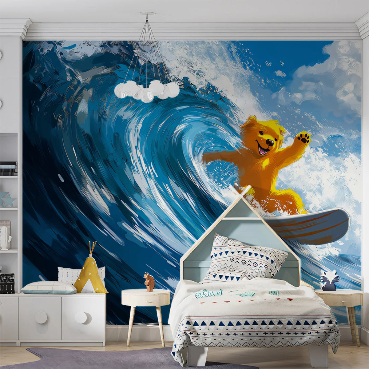 Surfing Teddy Bear Mural Wallpaper — Whimsical Ocean Adventure Mural Wallpaper - pure wallpaper artwork