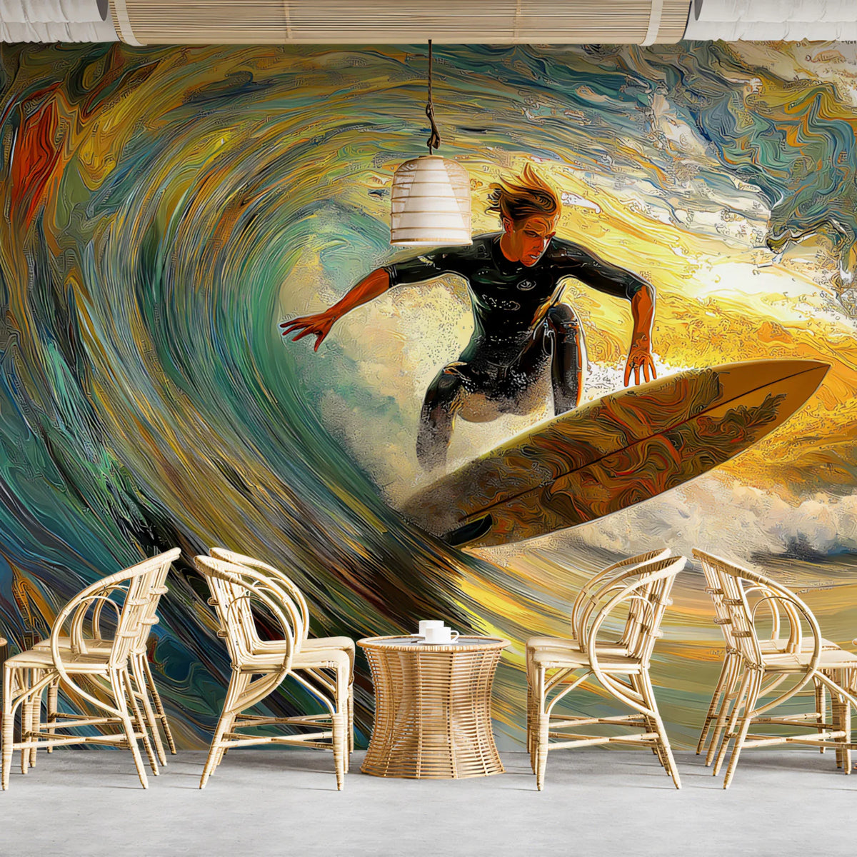 Surfer Wave Impressionist Mural Wallpaper — Dynamic Coastal Art Mural Wallpaper - pure wallpaper artwork