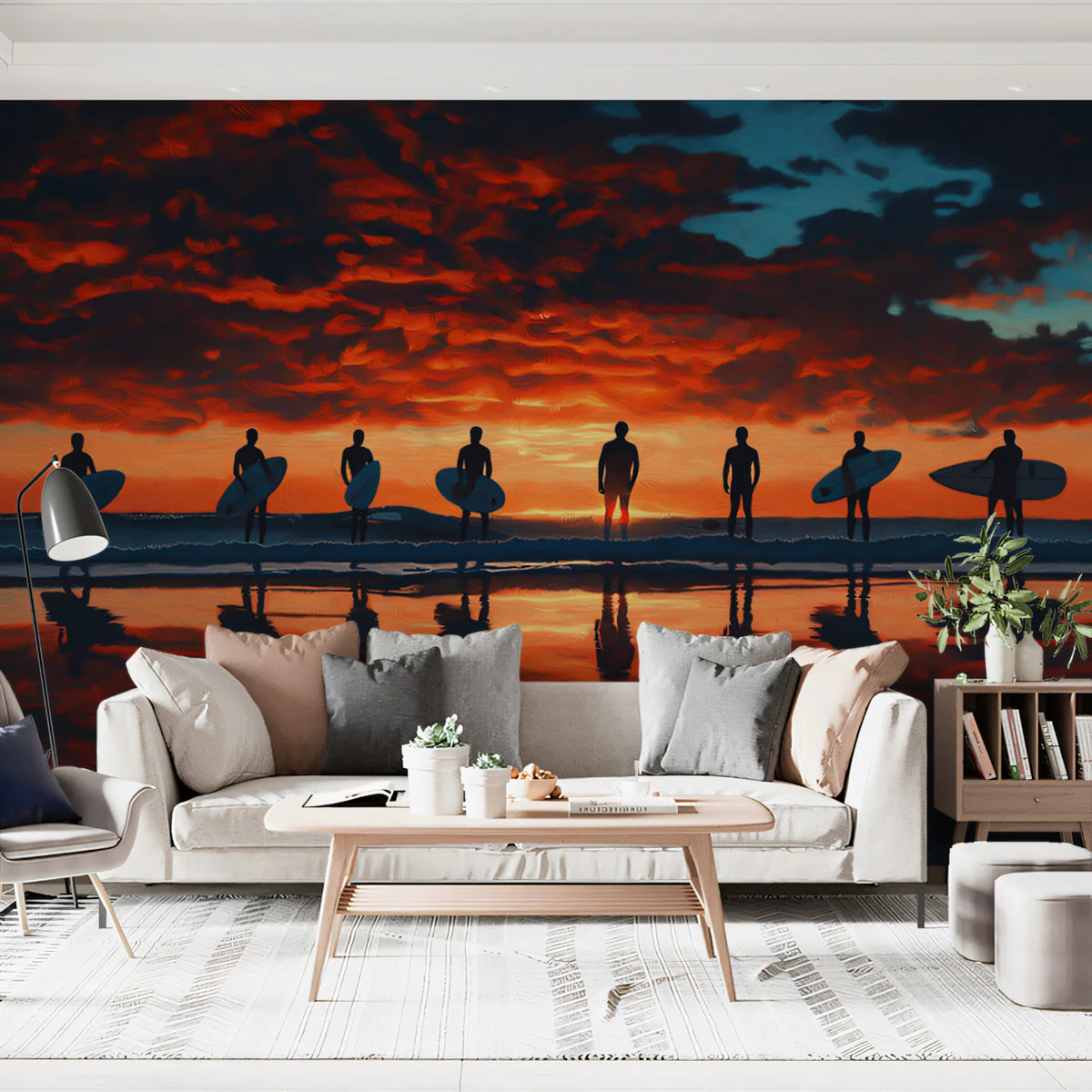 Surfer Lineup Sunset Mural Wallpaper — Dramatic Oil Painting Style Mural Wallpaper - pure wallpaper artwork