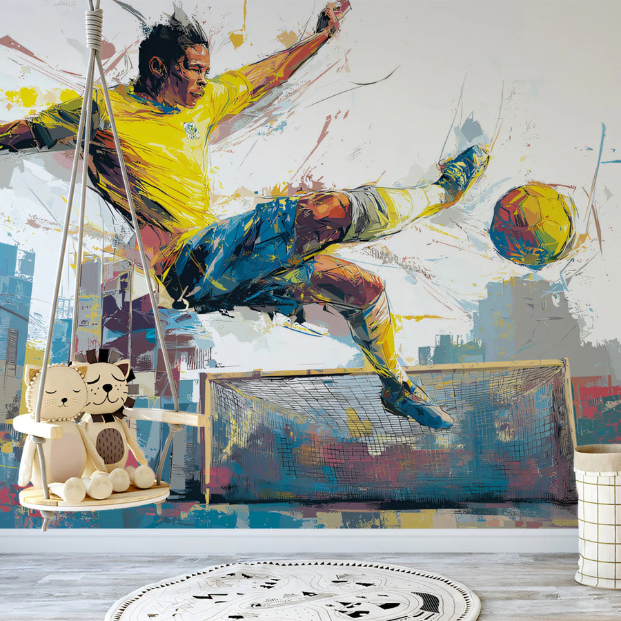 Brazilian Footballer Mural Wallpaper — Dynamic Urban Sports Art Mural Wallpaper