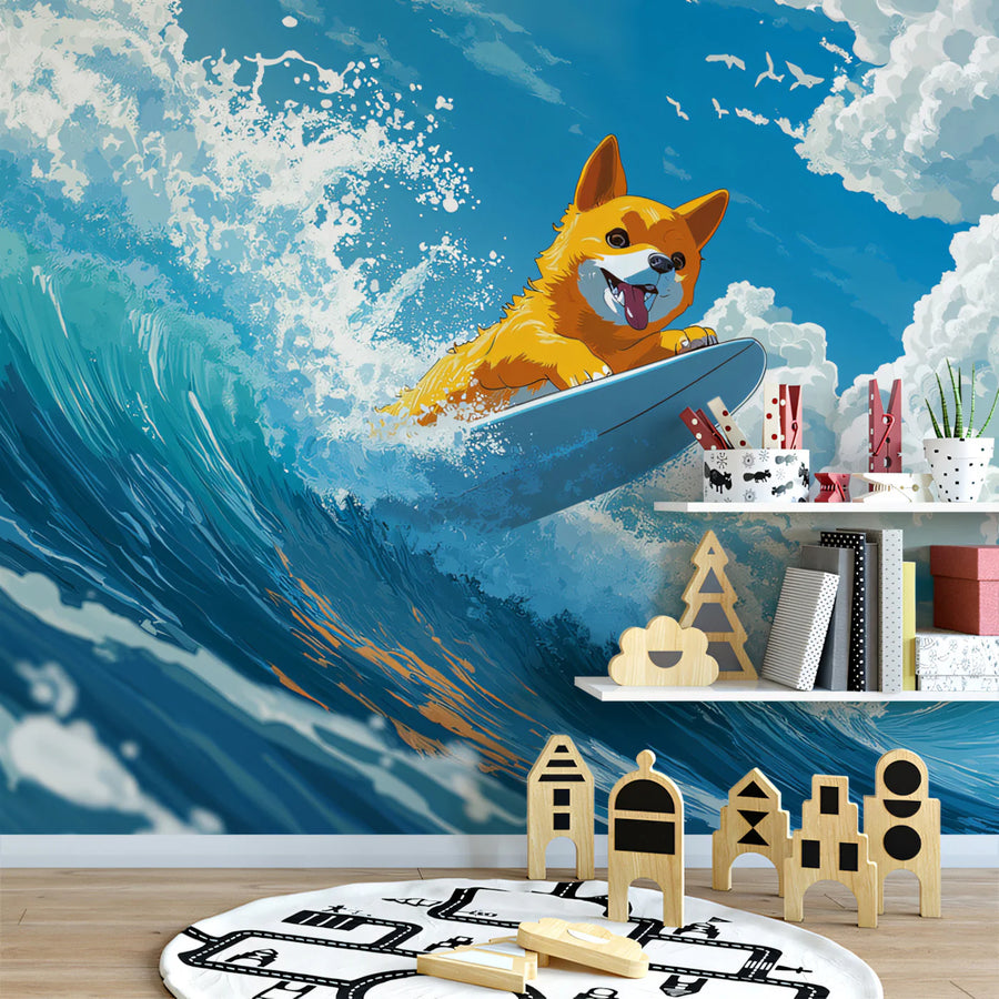 Corgi Surfing Ocean Wave Mural Wallpaper — Playful Coastal Art Mural Wallpaper
