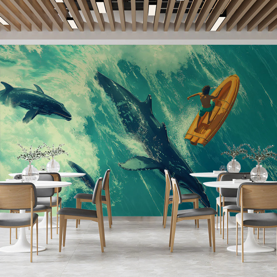 Aerial Ocean Whale and Dolphin Mural Wallpaper — Painterly Adventure Mural Wallpaper