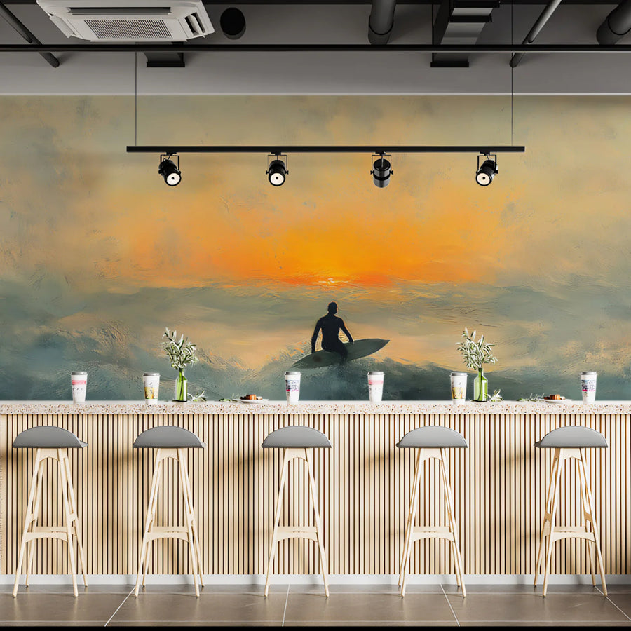 Lone Surfer Seascape Mural Wallpaper — Dramatic Oil Painting Style Mural Wallpaper