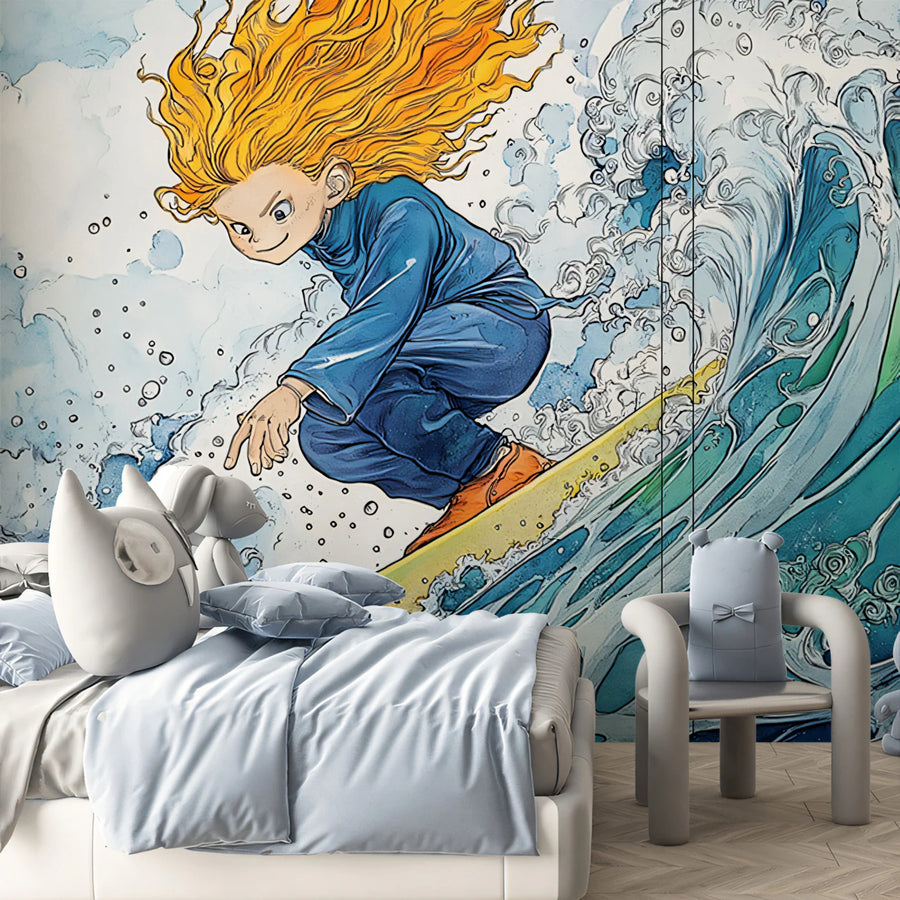 Surfer Girl Watercolor Mural Wallpaper — High-Energy Ocean Art Mural Wallpaper