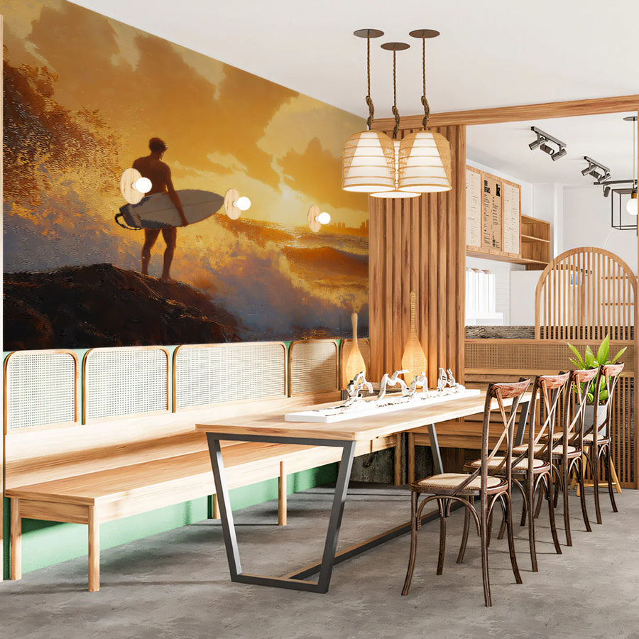Coastal City Sunset Mural Wallpaper — Impressionist Surfer Scene Mural Wallpaper