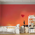 Child with Heart Balloon Mural Wallpaper — Artistic Sunset Silhouette Mural Wallpaper - pure wallpaper artwork