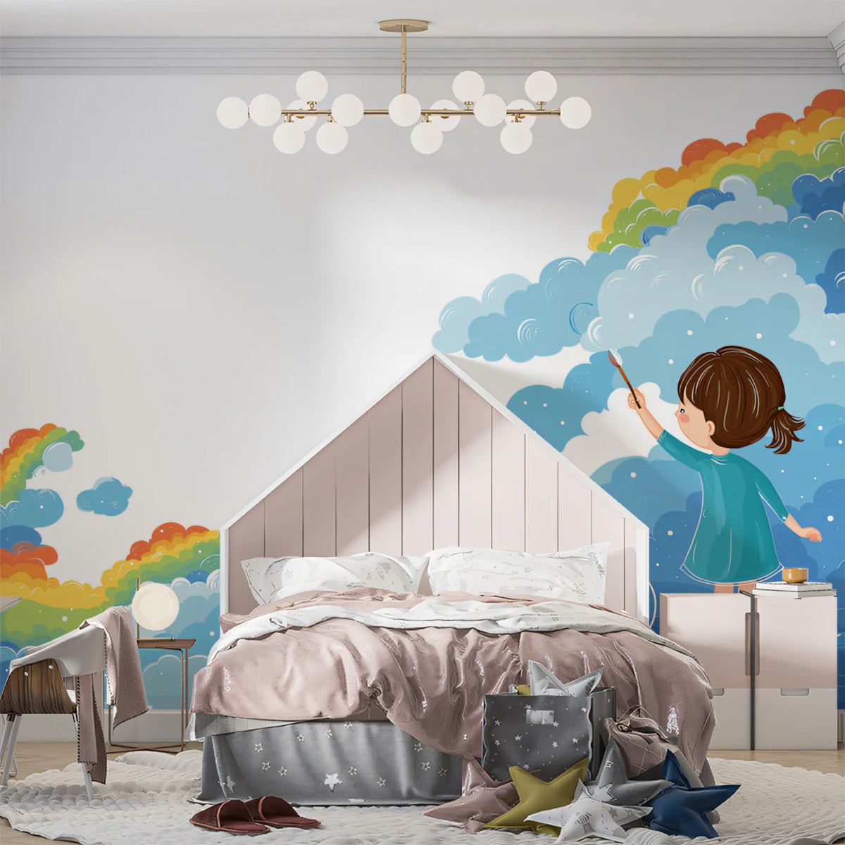 Rainbow Cloud Painter Mural Wallpaper — Whimsical Children's Art Mural Wallpaper - pure wallpaper artwork