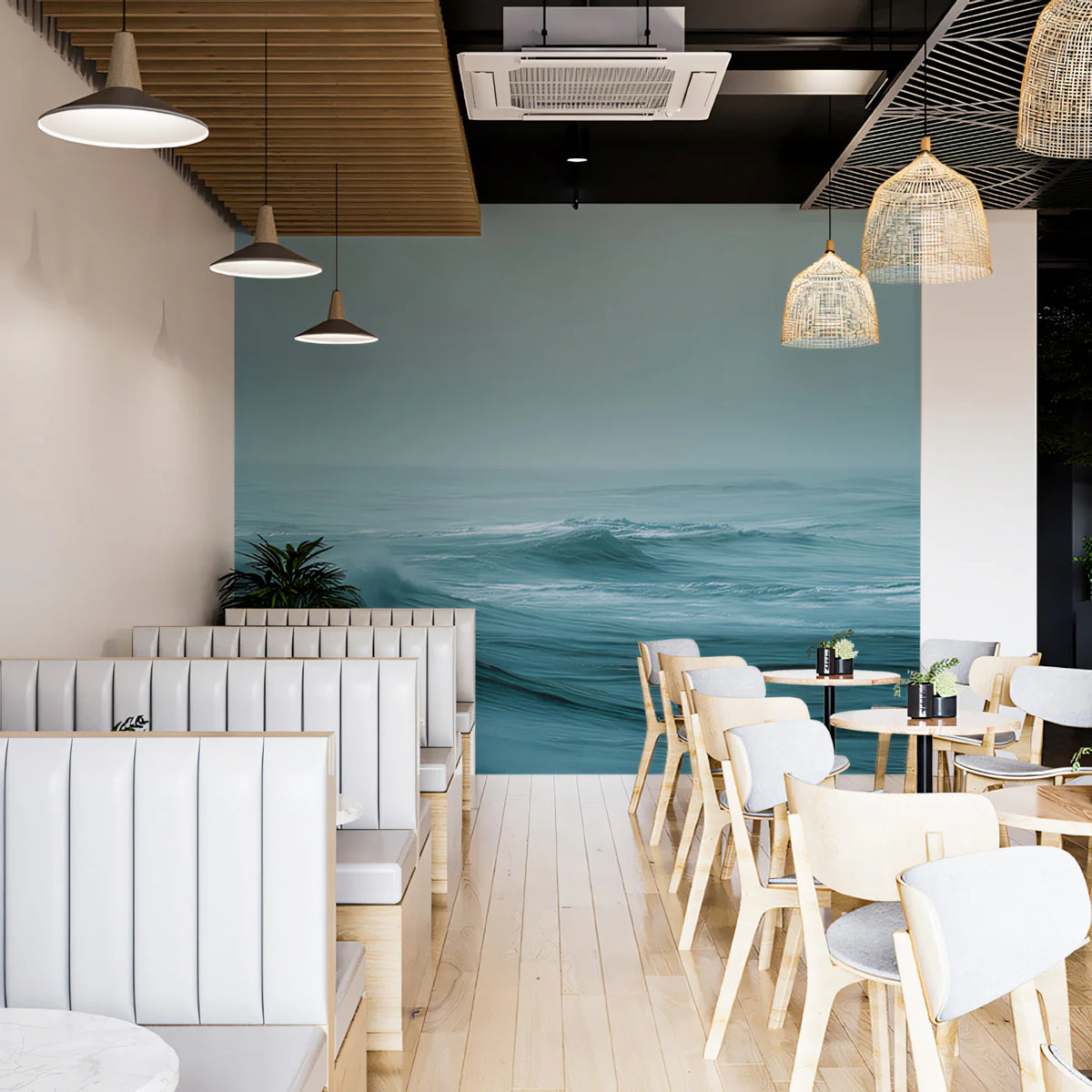 Misty Ocean Wave Mural Wallpaper — Calm Teal Seascape Mural Wallpaper - pure wallpaper artwork