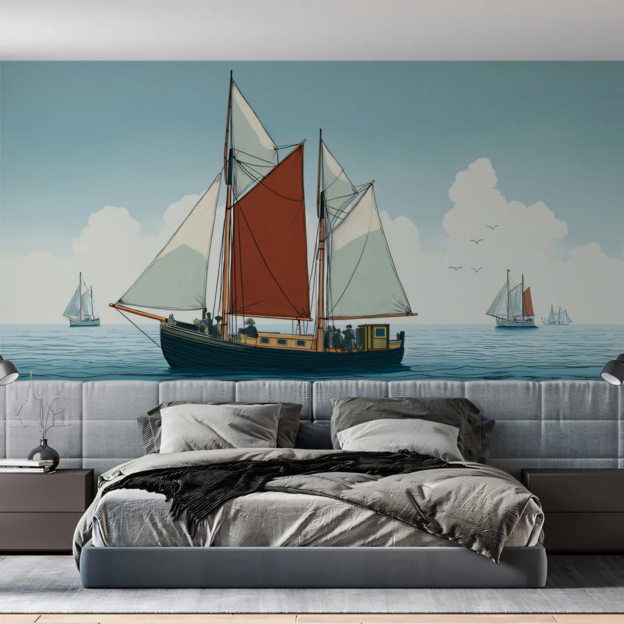 Nautical Sloop Sailboat Mural Wallpaper — Classic Maritime Illustration Mural Wallpaper