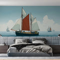 Nautical Sloop Sailboat Mural Wallpaper — Classic Maritime Illustration Mural Wallpaper - pure wallpaper artwork