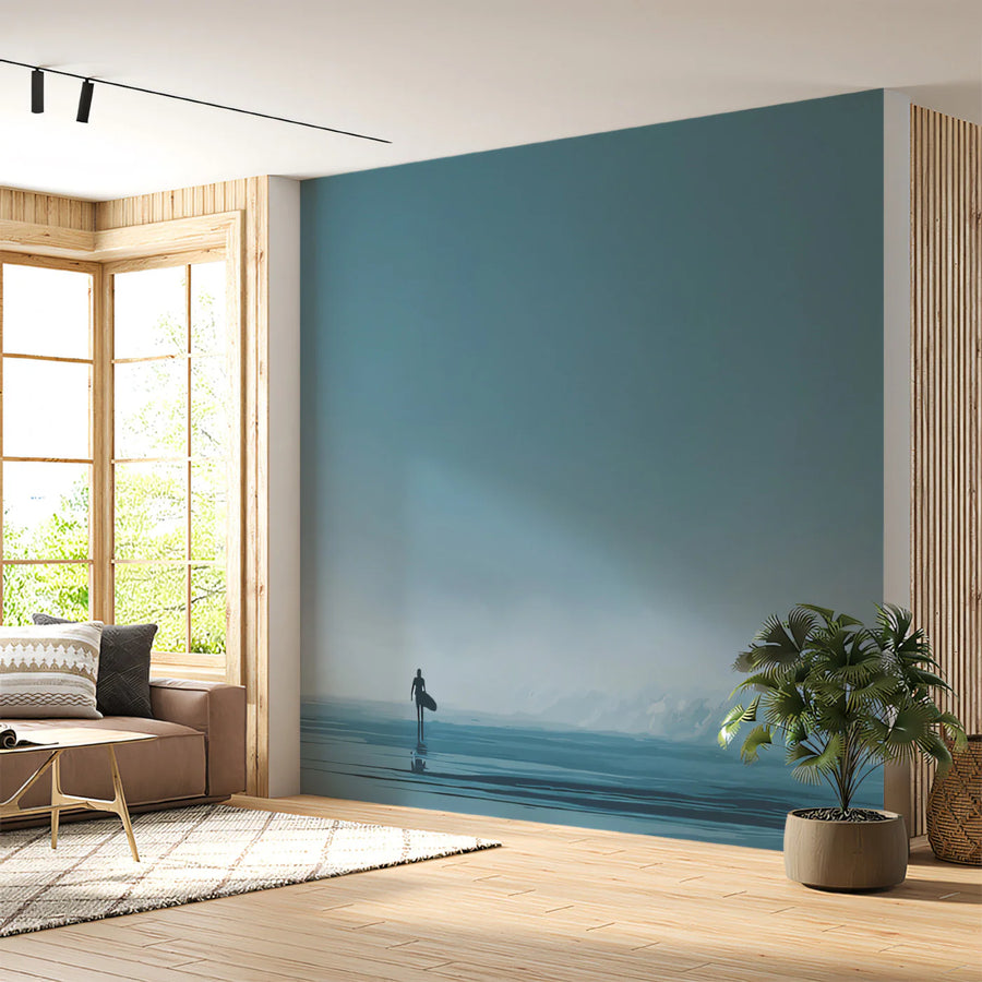 Lone Surfer Foggy Shore Mural Wallpaper — Minimalist Coastal Art Mural Wallpaper