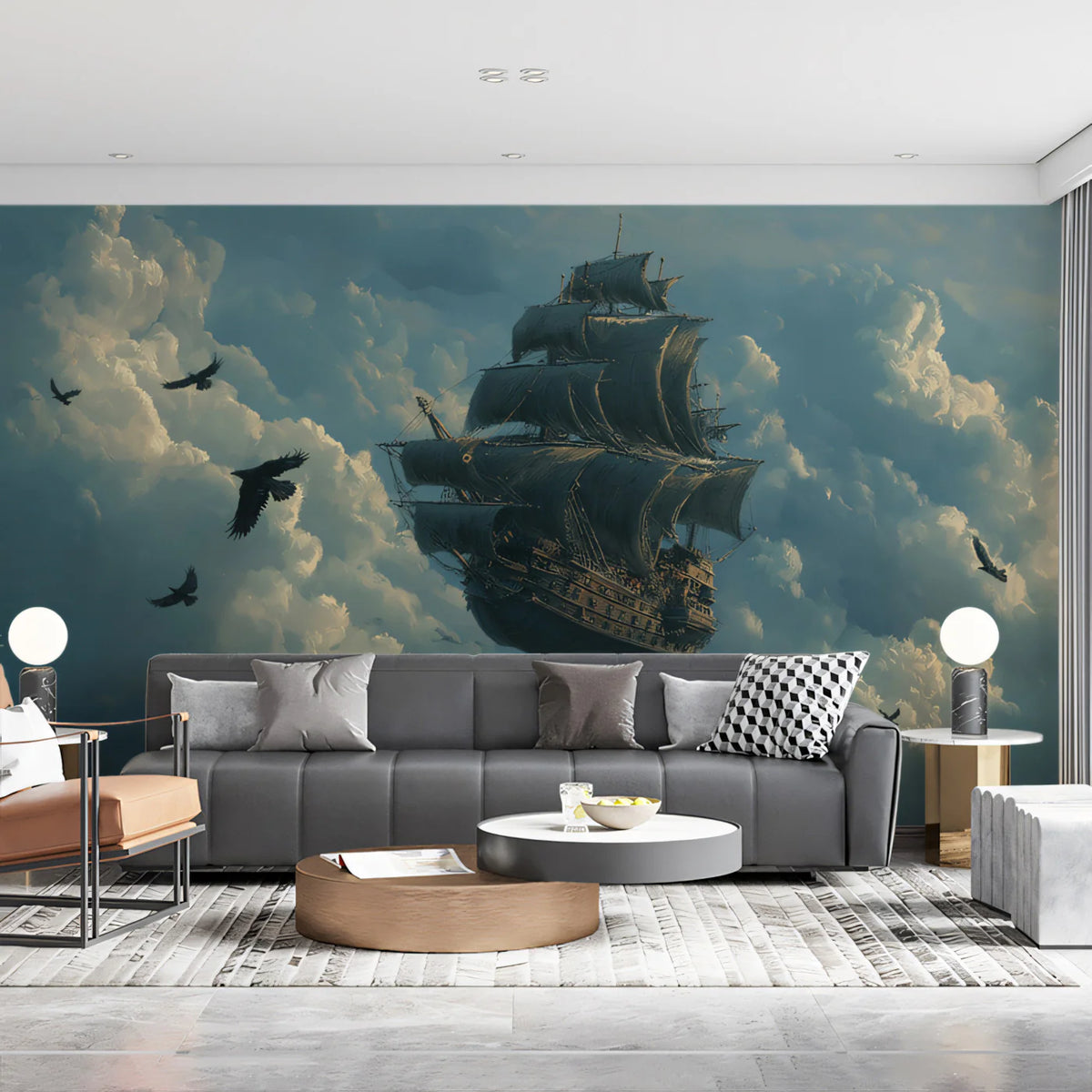 Flying Galleon Fantasy Mural Wallpaper — Epic Sky Adventure Mural Wallpaper - pure wallpaper artwork