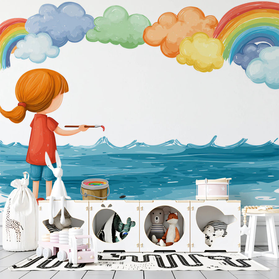 Child Painting Rainbow Mural Wallpaper — Whimsical Artistic Scene Mural Wallpaper