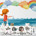 Child Painting Rainbow Mural Wallpaper — Whimsical Artistic Scene Mural Wallpaper - pure wallpaper artwork