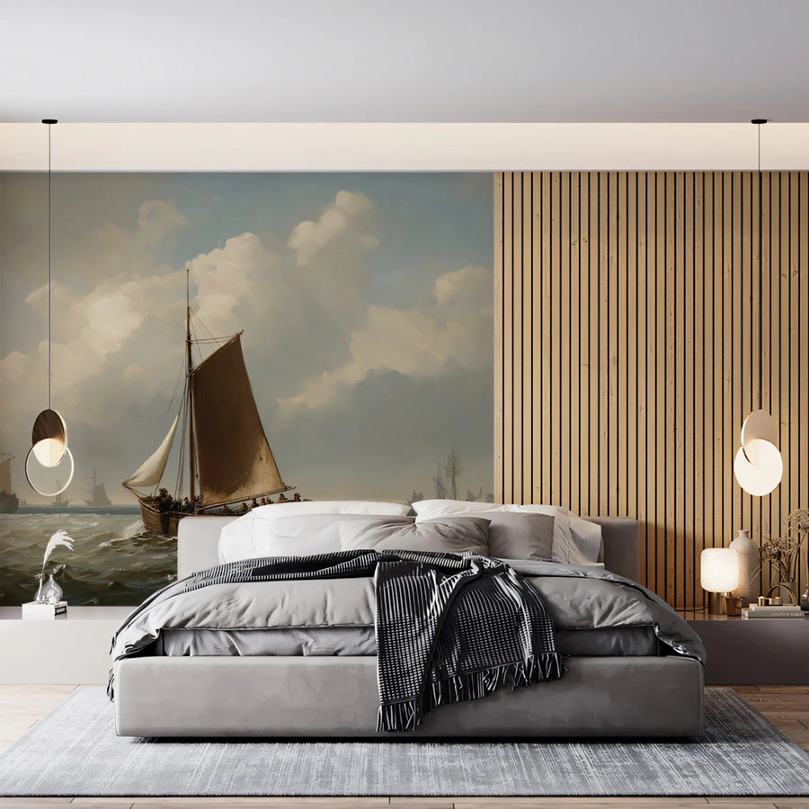 Rustic Coastal Sloop Oil Painting Mural Wallpaper — Maritime Classic Mural Wallpaper