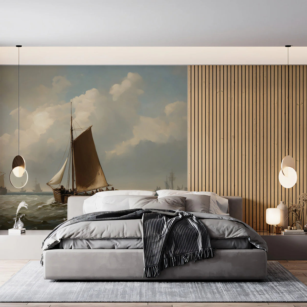 Rustic Coastal Sloop Oil Painting Mural Wallpaper — Maritime Classic Mural Wallpaper - pure wallpaper artwork