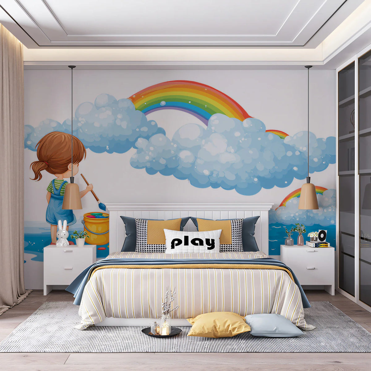 Rainbow Painter Fantasy Mural Wallpaper — Whimsical Children's Art Mural Wallpaper - pure wallpaper artwork