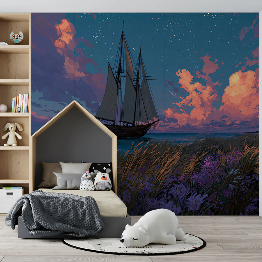 Twilight Sailing Schooner Mural Wallpaper — Artistic Coastal Scene Mural Wallpaper