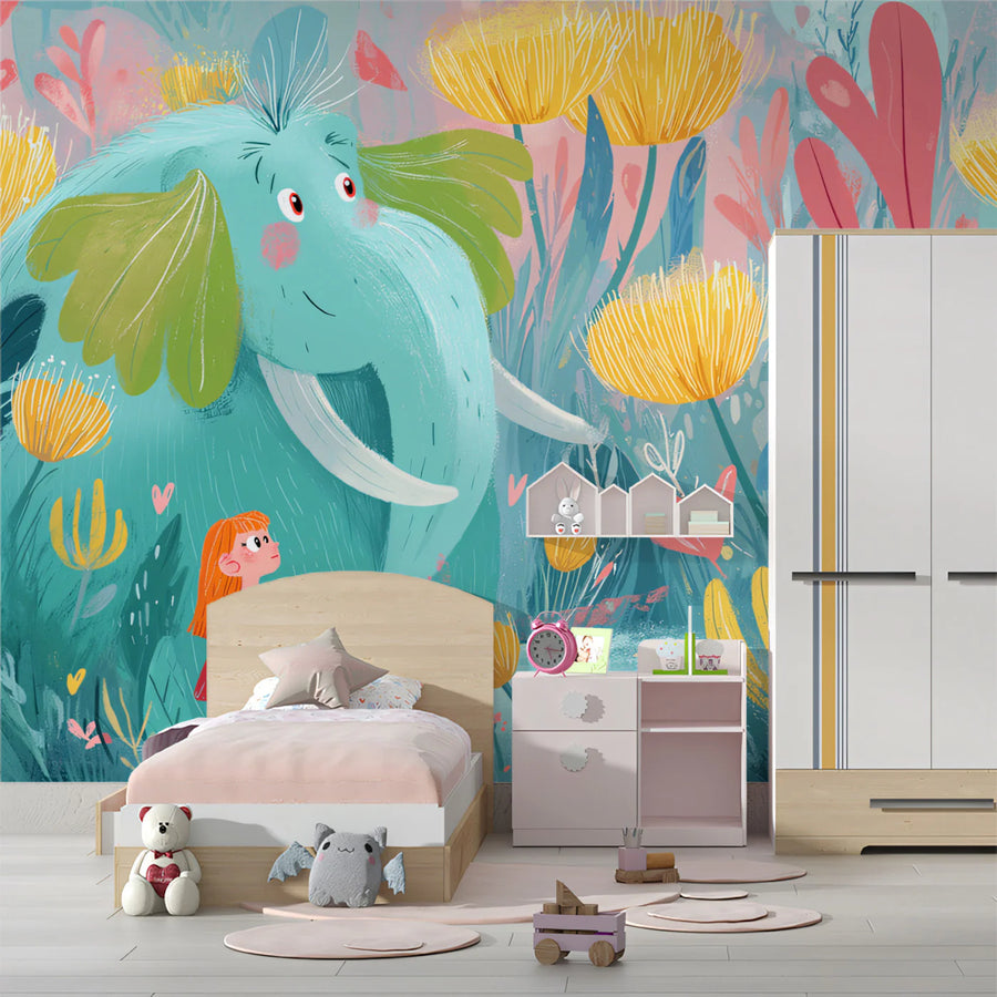 Fantasy Elephant and Meadow Mural Wallpaper — Whimsical Kids Art Mural Wallpaper