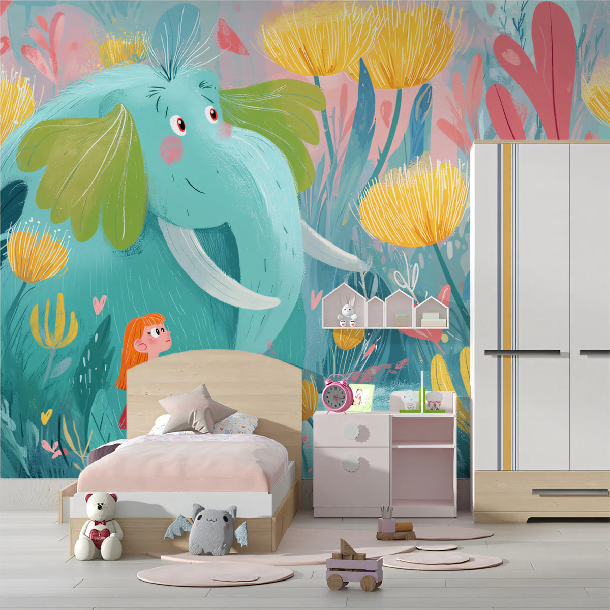 Fantasy Elephant and Meadow Mural Wallpaper — Whimsical Kids Art Mural Wallpaper - pure wallpaper artwork