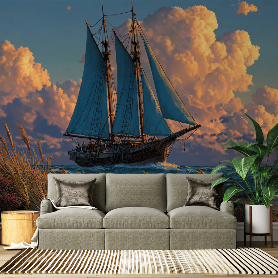 Coastal Schooner Sunset Mural Wallpaper — Dreamy Marine Horizon Mural Wallpaper