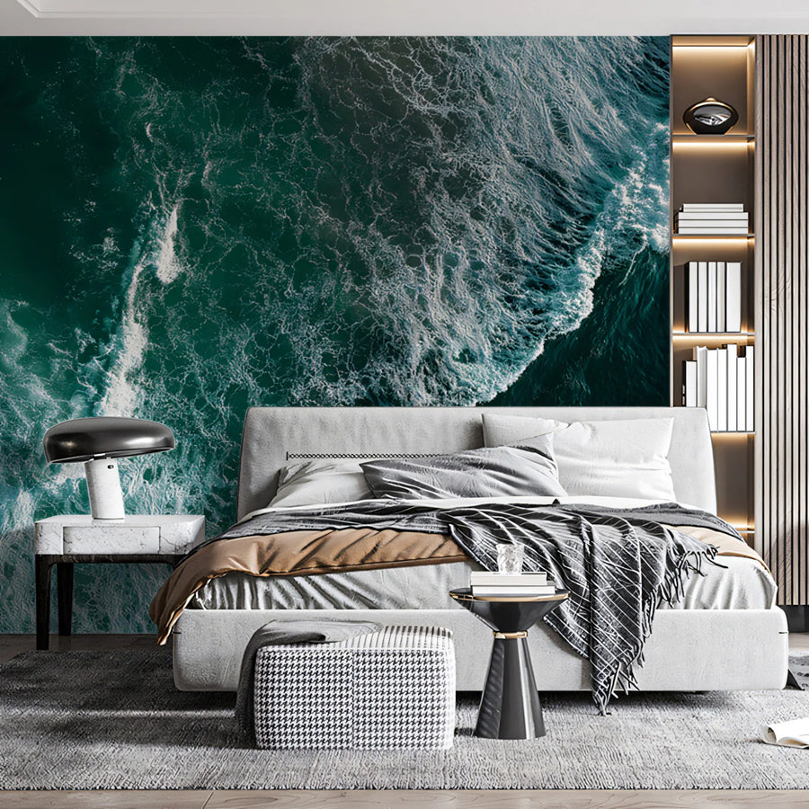 Aerial Ocean Wave Mural Wallpaper — Deep Teal and Foam Contrast Mural Wallpaper