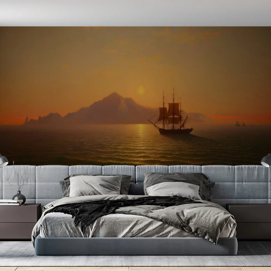 Golden Seascape Oil Painting Mural Wallpaper — Sunset Horizon Mural Wallpaper