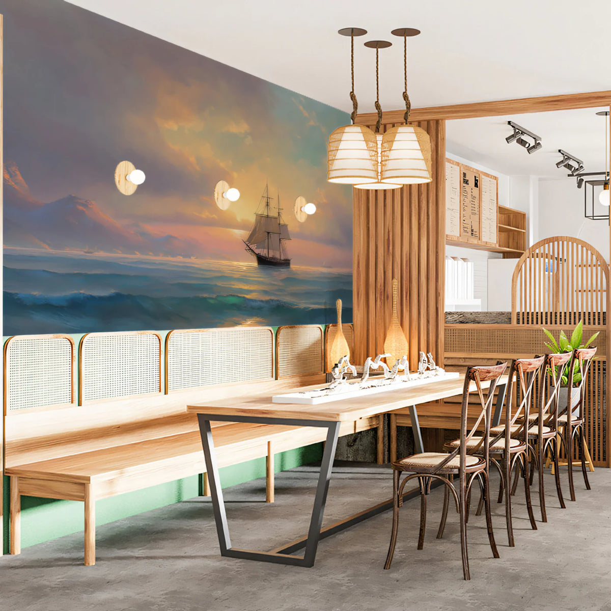 Sunset Seascape Sailing Mural Wallpaper Oil Painting, Misty Mountains, Warm and Cool Tones Mural Wallpaper - pure wallpaper artwork