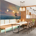 Sunset Seascape Sailing Mural Wallpaper Oil Painting, Misty Mountains, Warm and Cool Tones Mural Wallpaper - pure wallpaper artwork