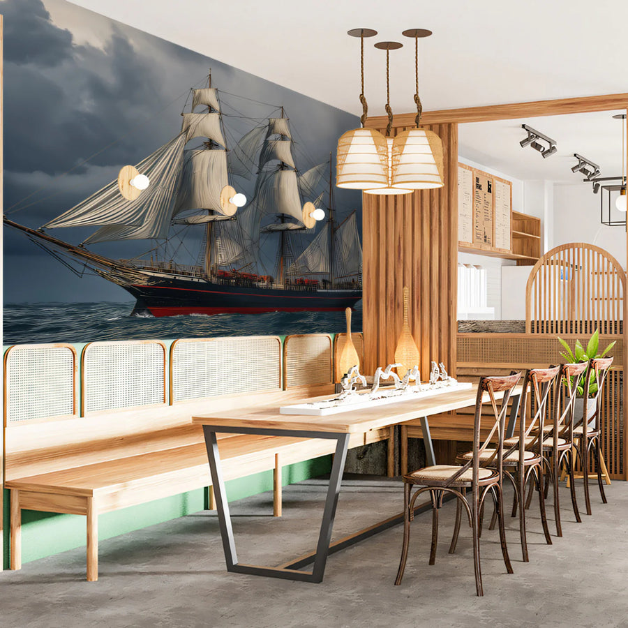 Stormy Seas Tall Ship Mural Wallpaper — Dramatic Marine Art Mural Wallpaper