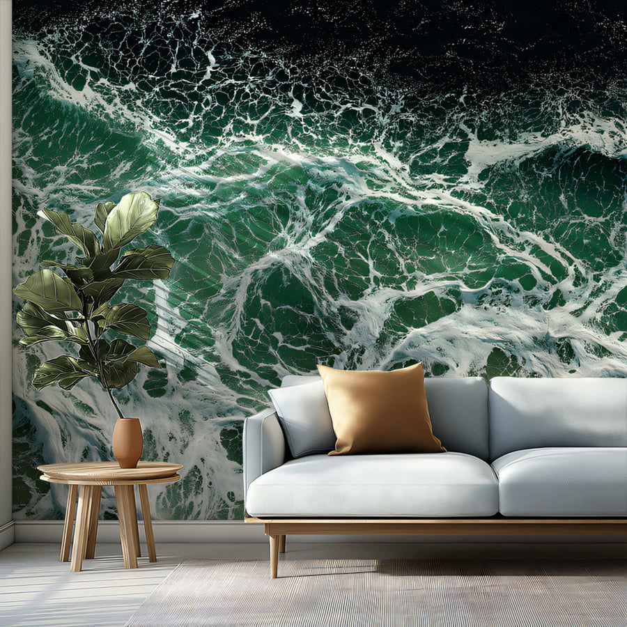 Aerial Ocean Wave Mural Wallpaper — Moody High Contrast Sea Foam Mural Wallpaper