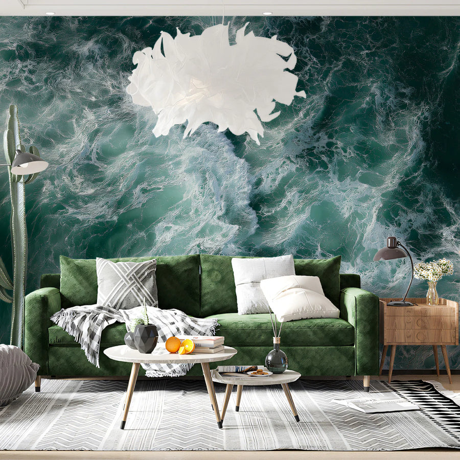 Aerial Ocean Wave Mural Wallpaper — Moody Deep Teal Seascape Mural Wallpaper
