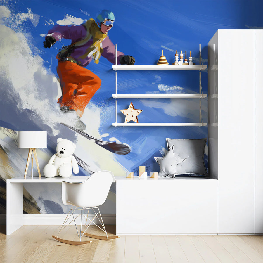 Ski Slope Action Mural Wallpaper — Expressionist Mountain Art Mural Wallpaper