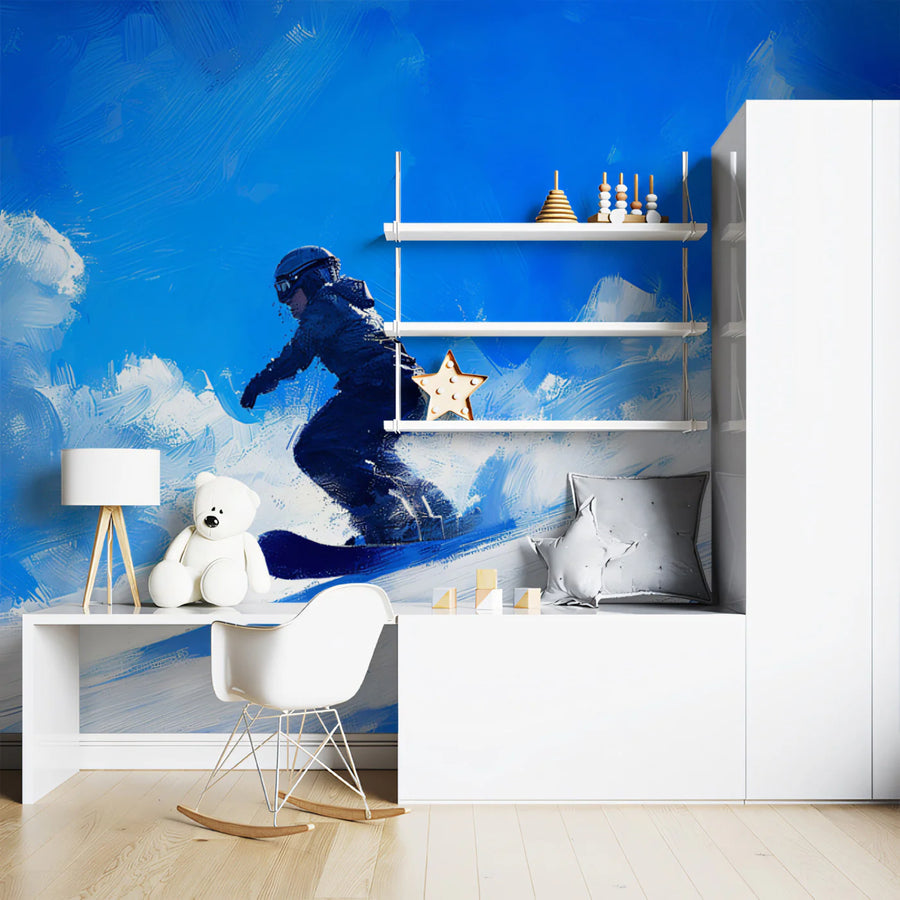 Snowboarder Brushstroke Mural Wallpaper — Energetic Blue Art Mural Wallpaper