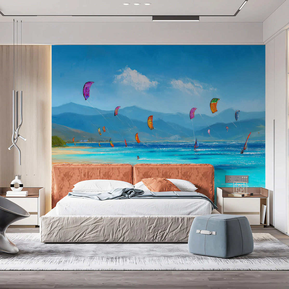 Kite Surfing Coastal Mural Wallpaper — Expressionist Seascape Mural Wallpaper - pure wallpaper artwork