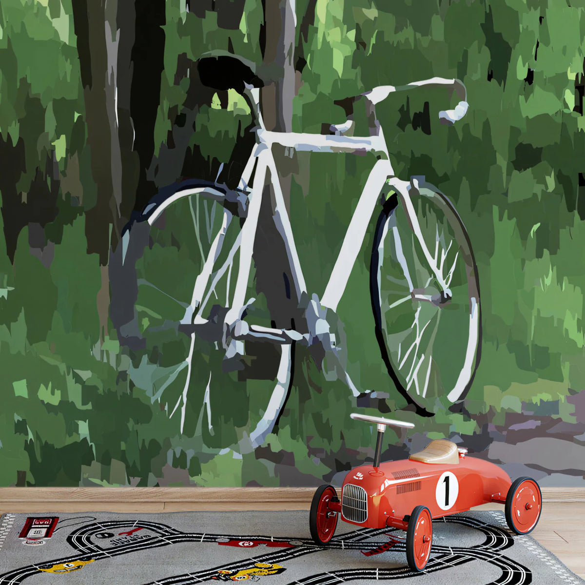Abstract Forest Bicycle Mural Wallpaper — Modern Nature Graphic Mural Wallpaper - pure wallpaper artwork