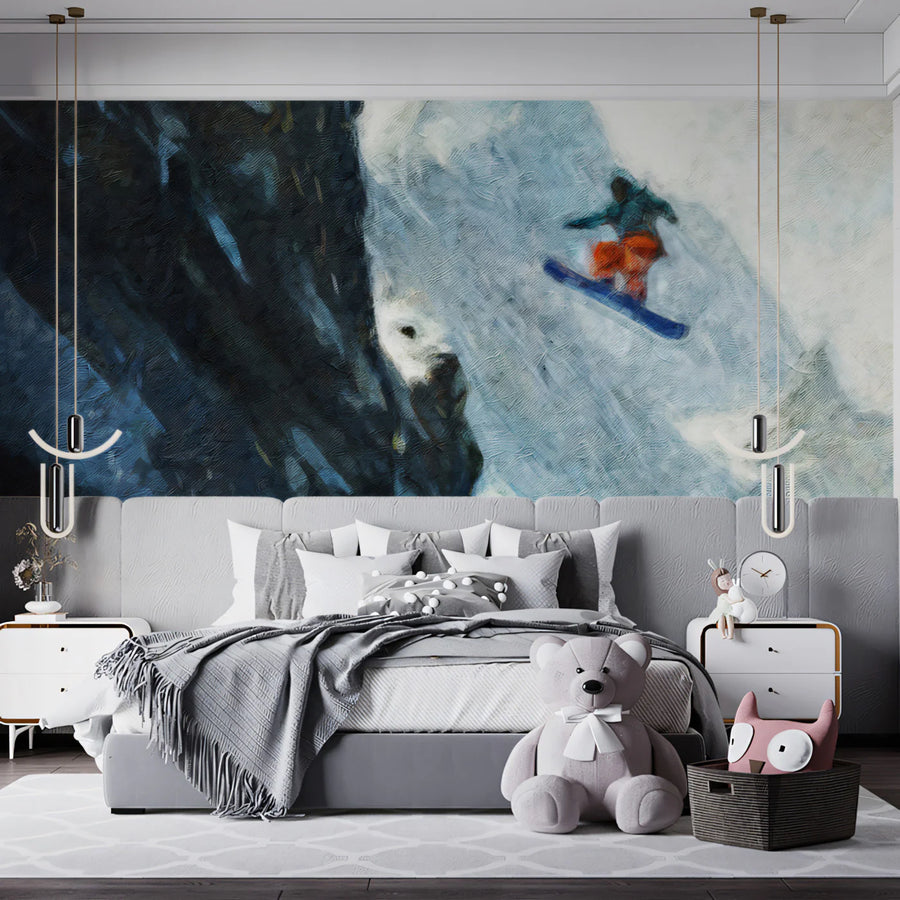 Snowboarder Descent Mural Wallpaper — Oil Painting Mountain Art Mural Wallpaper