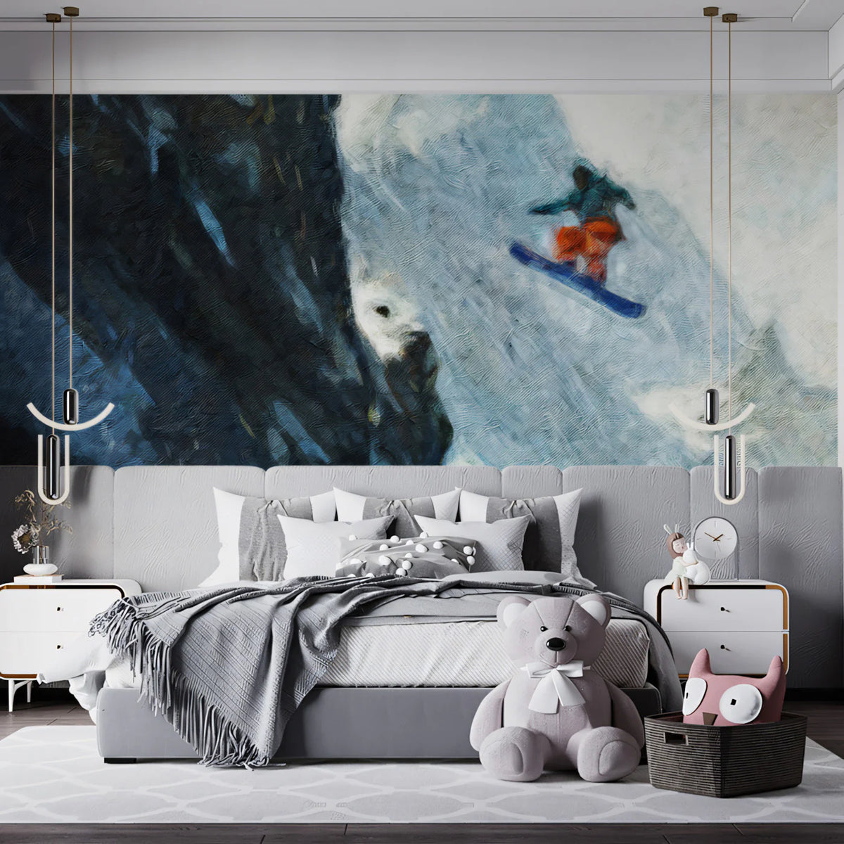 Snowboarder Descent Mural Wallpaper — Oil Painting Mountain Art Mural Wallpaper - pure wallpaper artwork