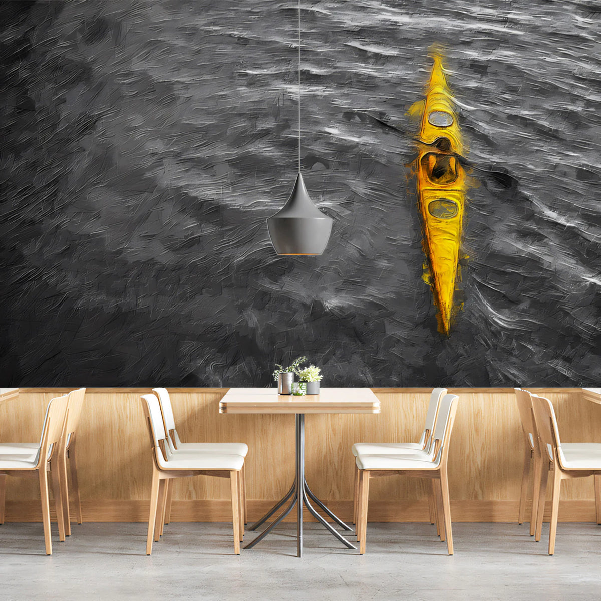 Solo Yellow Kayak Mural Wallpaper — Dramatic Oil Painting Style Mural Wallpaper - pure wallpaper artwork