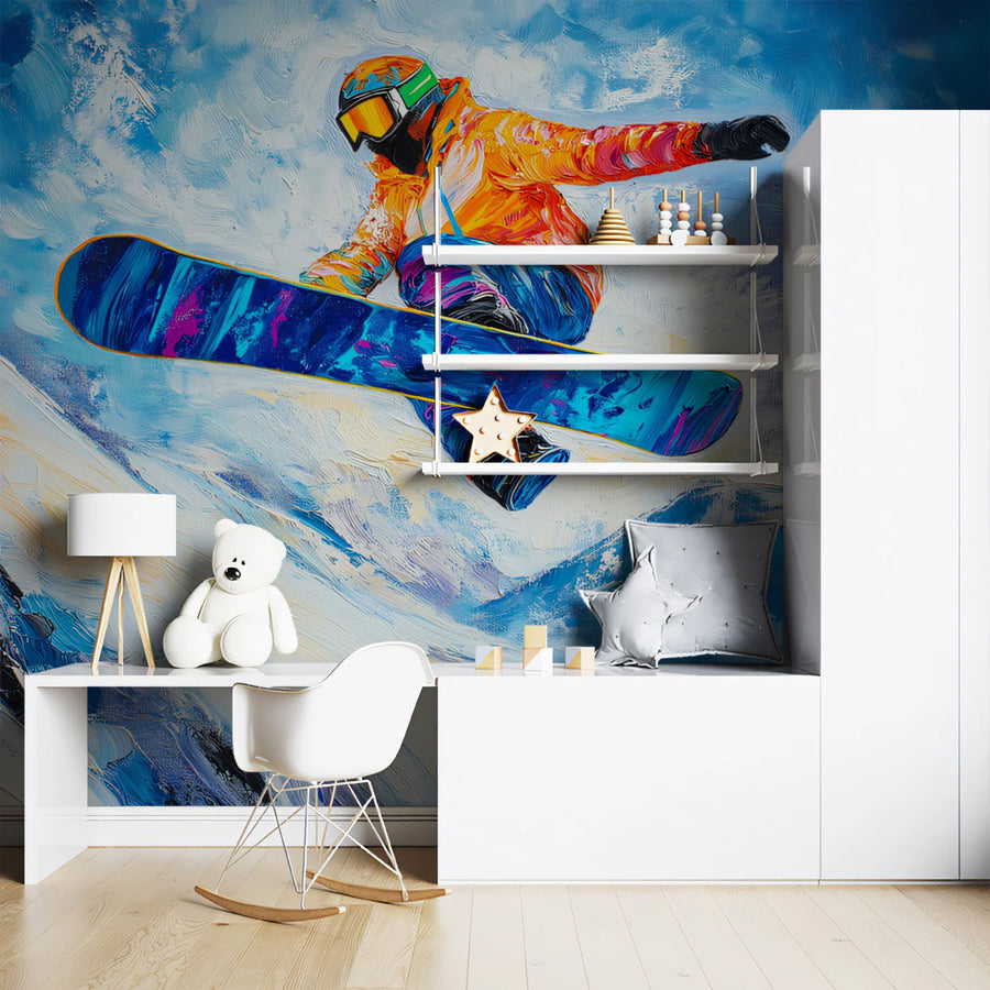 Snowboarder Jump Oil Painting Mural Wallpaper — Expressionist Art Mural Wallpaper