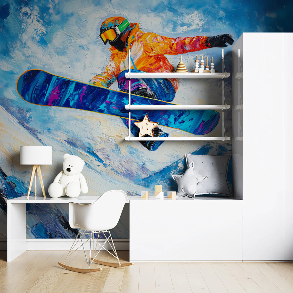 Snowboarder Jump Oil Painting Mural Wallpaper — Expressionist Art Mural Wallpaper - pure wallpaper artwork