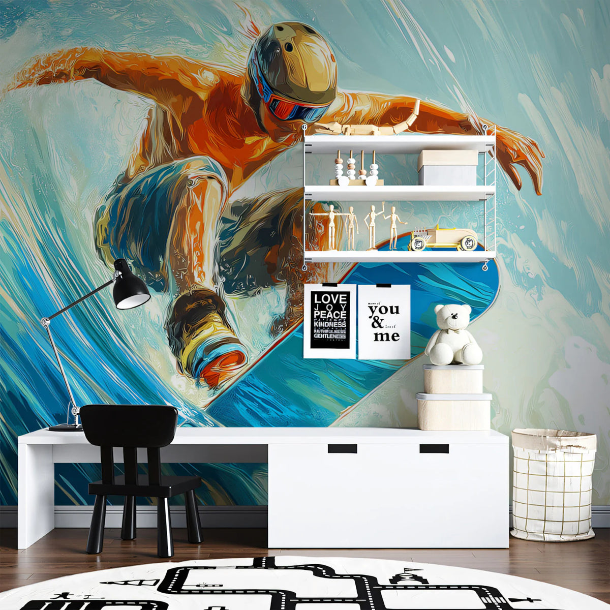 Snowboarder Big Wave Mural Wallpaper — Dynamic Action Sport Art Mural Wallpaper - pure wallpaper artwork
