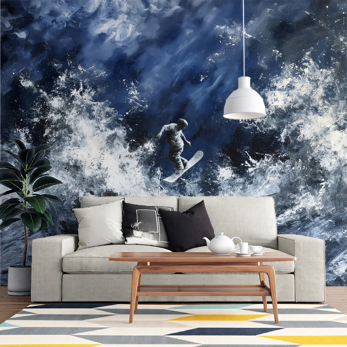 Snowboarder Powder Storm Mural Wallpaper — Dramatic Oil Paint Art Mural Wallpaper - pure wallpaper artwork