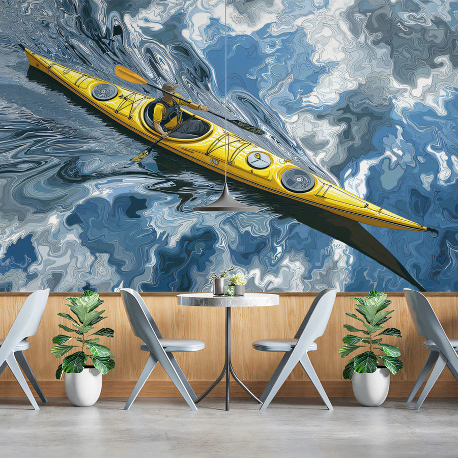 Kayaker on Swirling Waves Mural Wallpaper — Dynamic Vector Graphic Mural Wallpaper